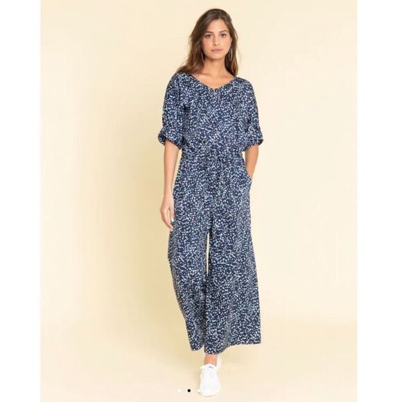 Agnes B Women’s US 10 Blue Polka Dot Cropped One Piece Jumpsuit Pockets Cotton